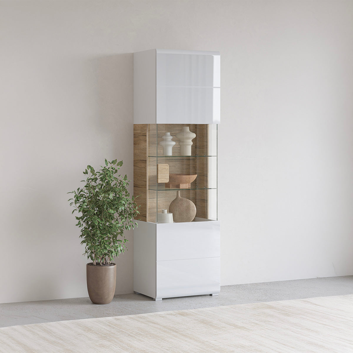 Vitrine 1 porte avec LED Jules Blanc et Bois