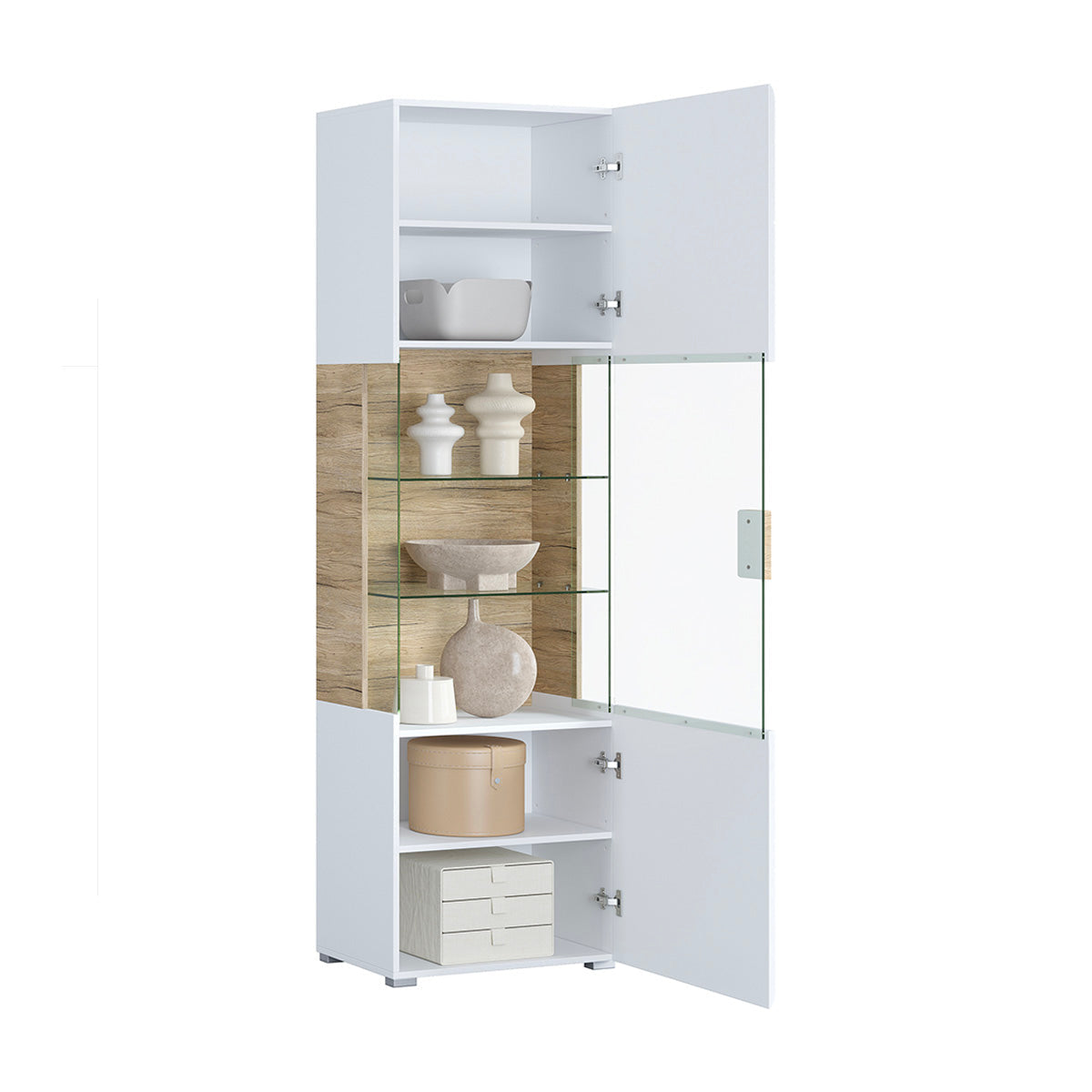 Vitrine 1 porte avec LED Jules Blanc et Bois