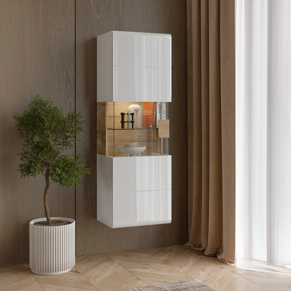 Vitrine murale 1 porte avec LED Jules Blanc et Bois