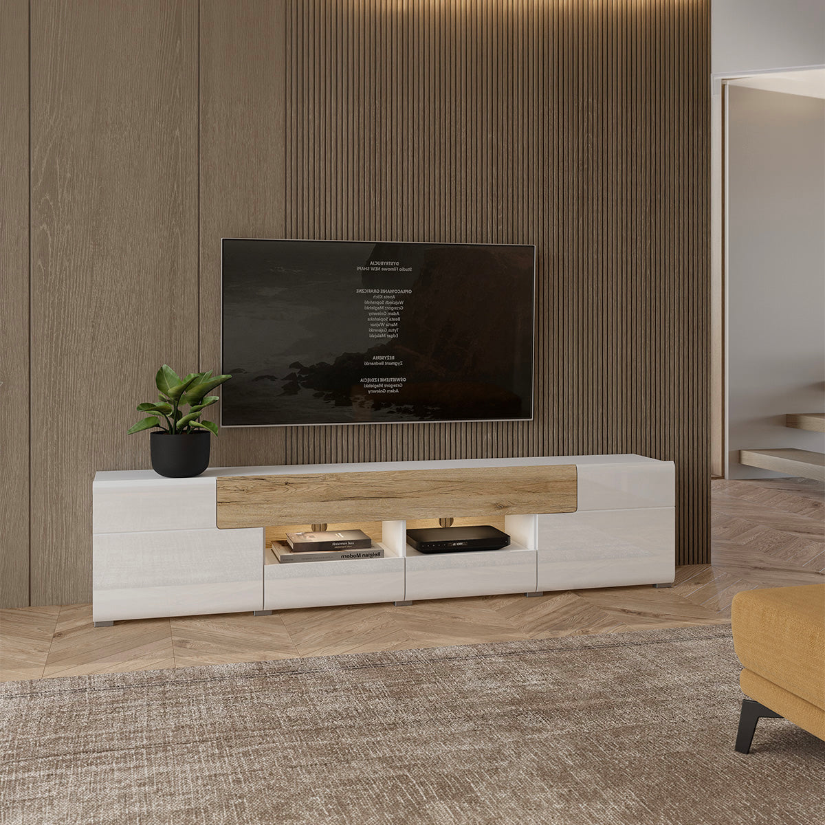 Meuble TV 2 portes 2 tiroirs 208 cm Jules Blanc et Bois