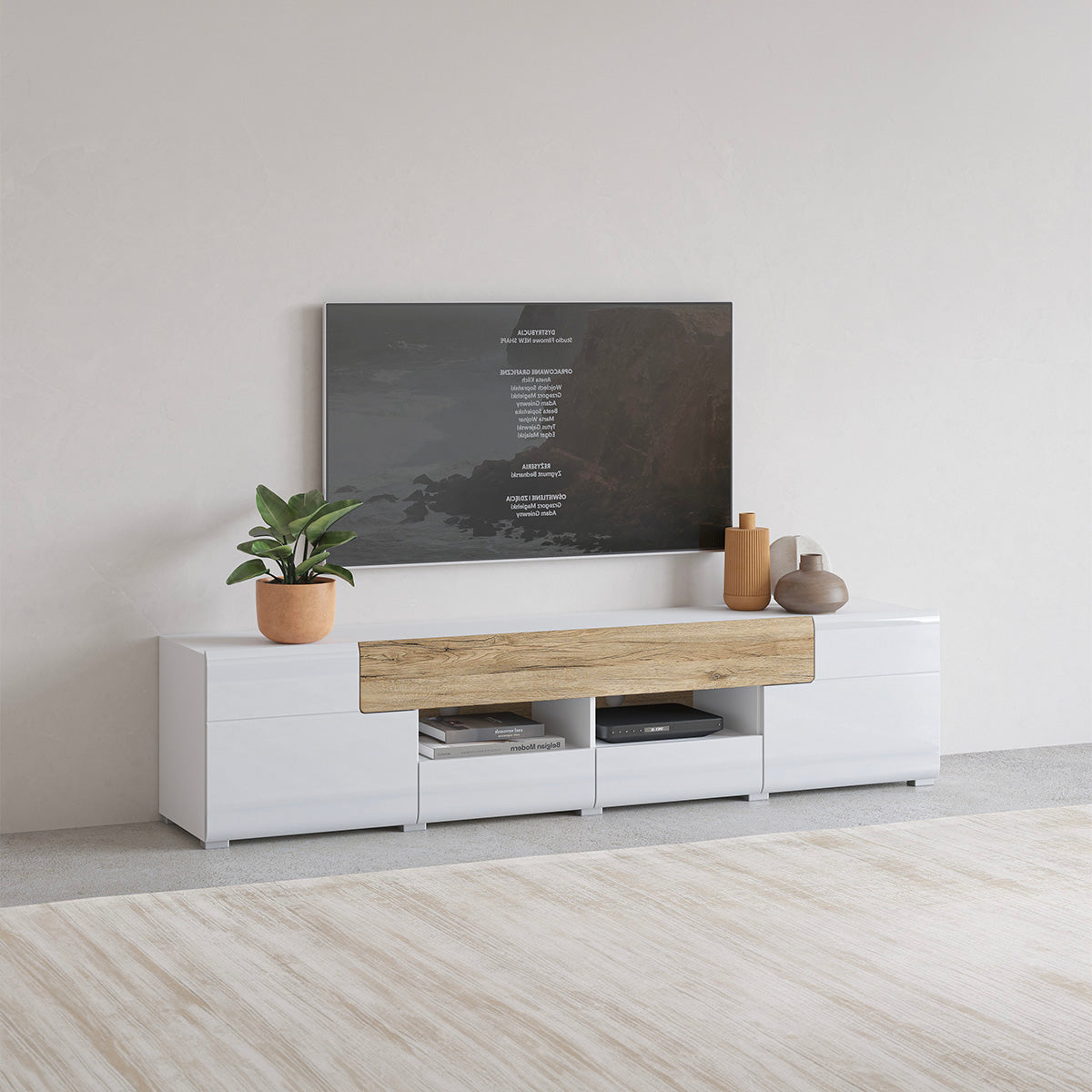 Meuble TV 2 portes 2 tiroirs 208 cm Jules Blanc et Bois