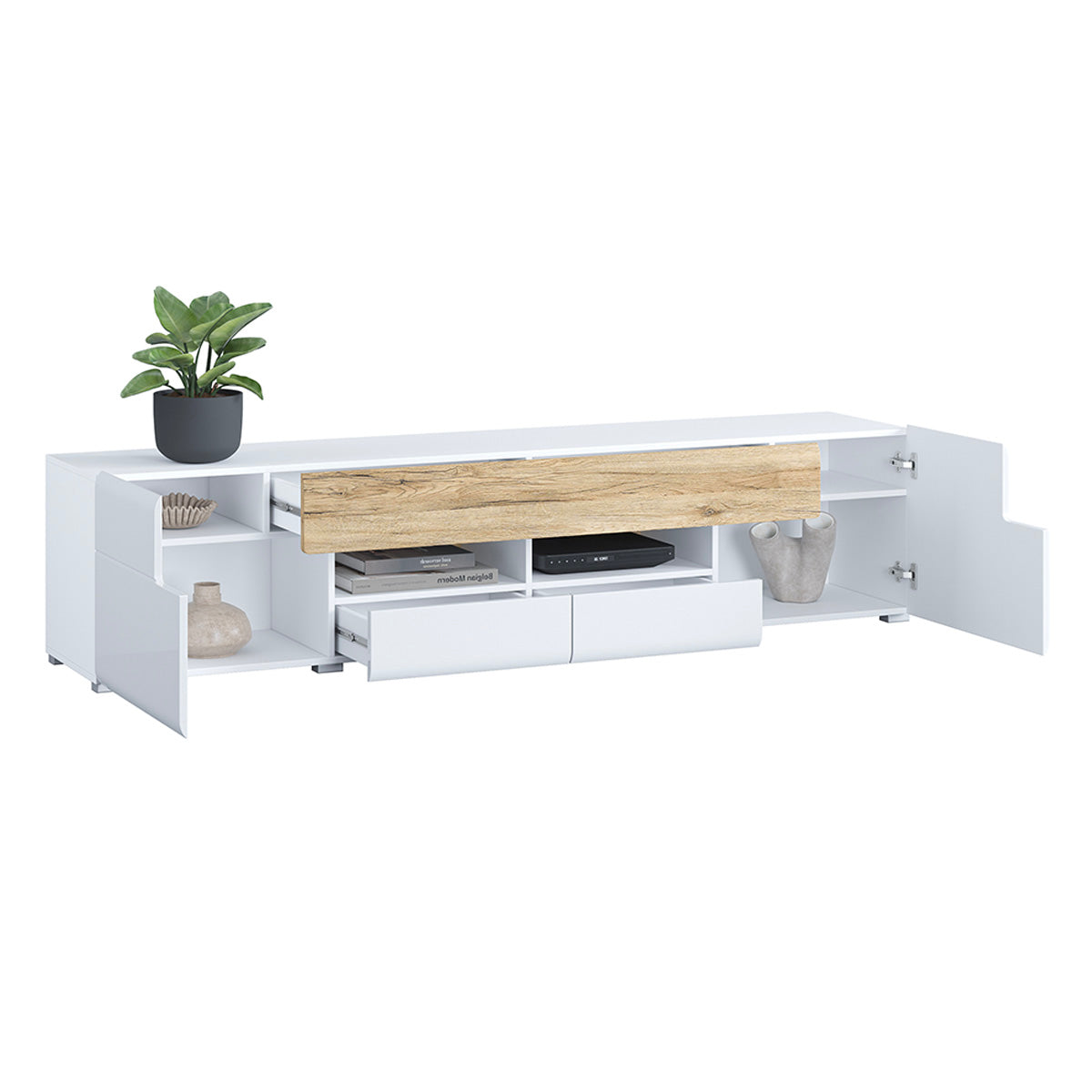 Meuble TV 2 portes 2 tiroirs 208 cm Jules Blanc et Bois