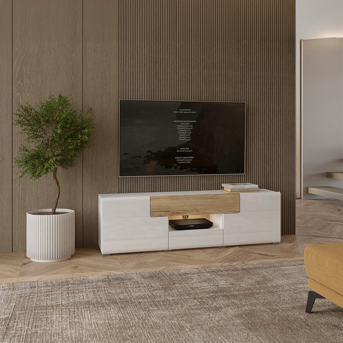 Meuble TV 2 portes 2 tiroirs 159 cm Jules Blanc et Bois