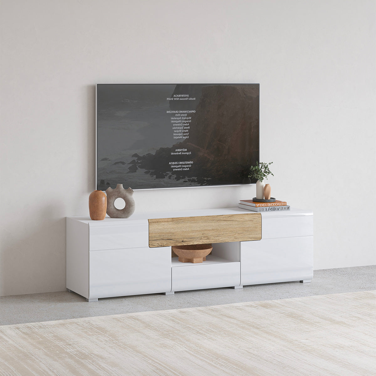 Meuble TV 2 portes 2 tiroirs 159 cm Jules Blanc et Bois