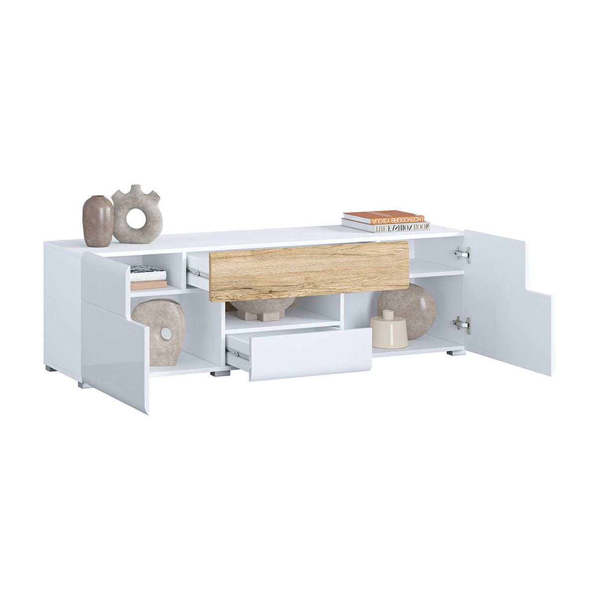 Meuble TV 2 portes 2 tiroirs 159 cm Jules Blanc et Bois
