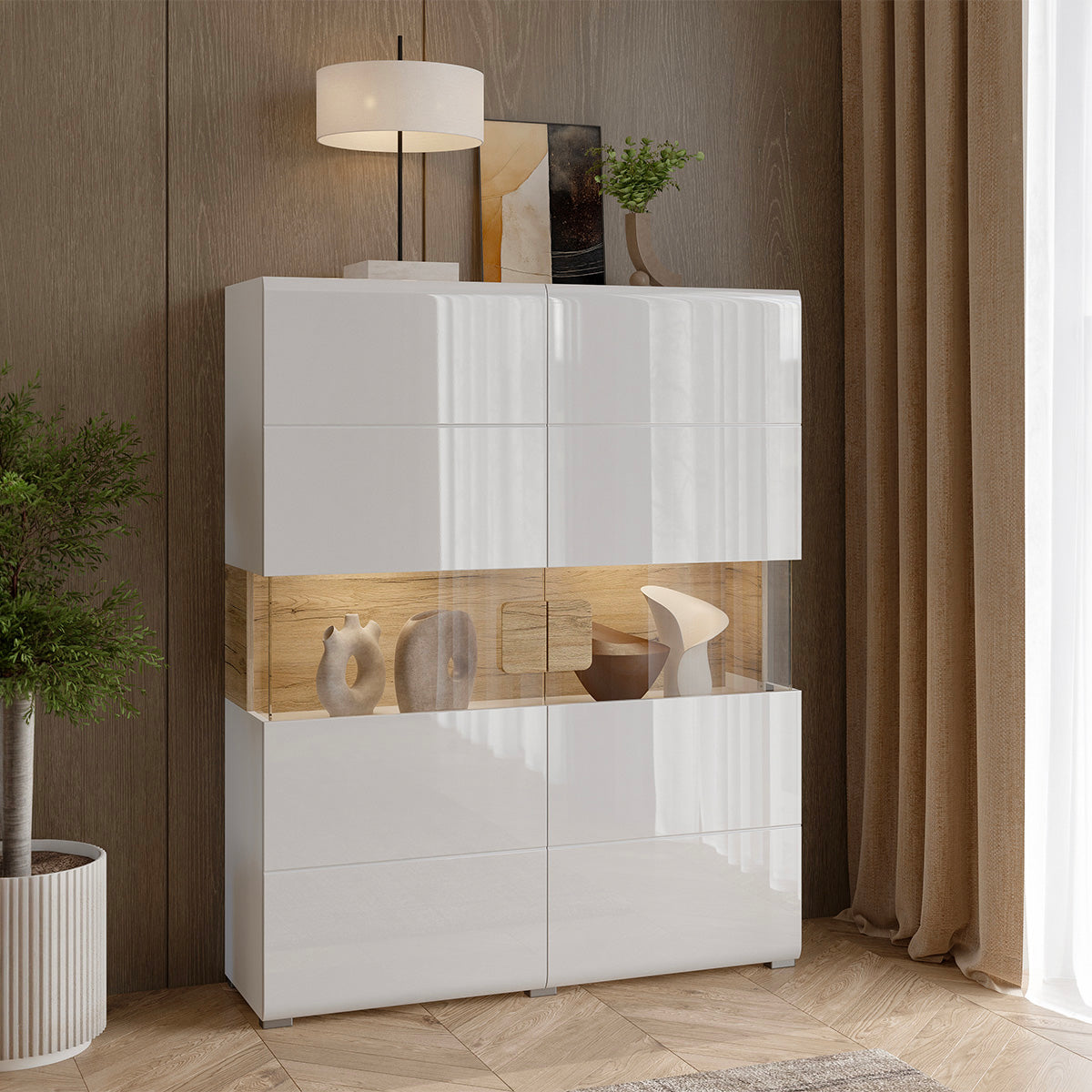 Vaisselier 2 portes avec LED Jules Blanc et Bois