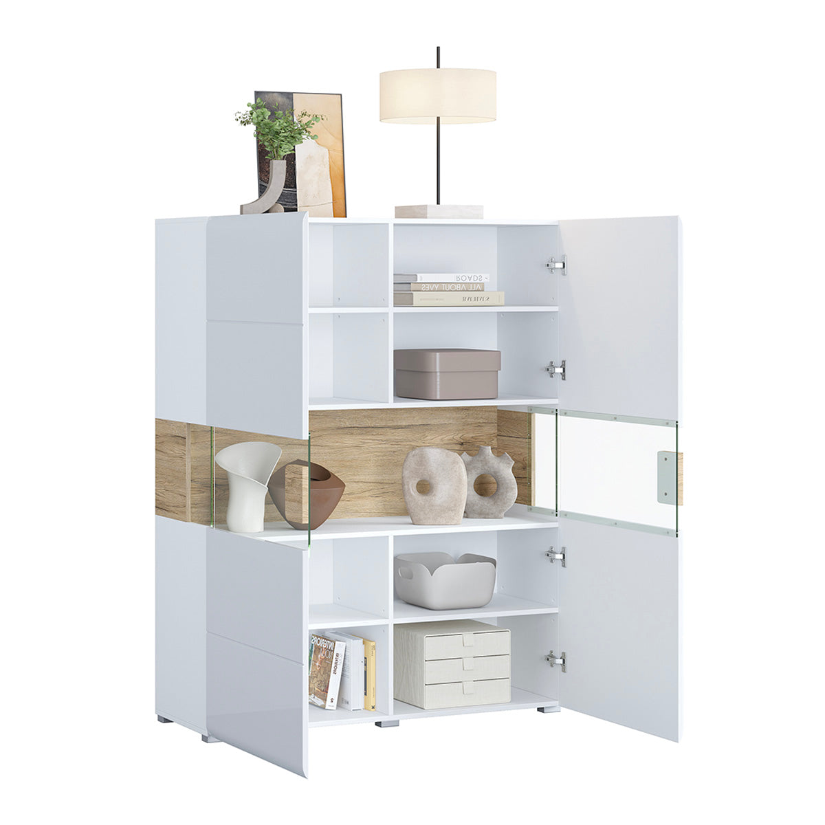Vaisselier 2 portes avec LED Jules Blanc et Bois