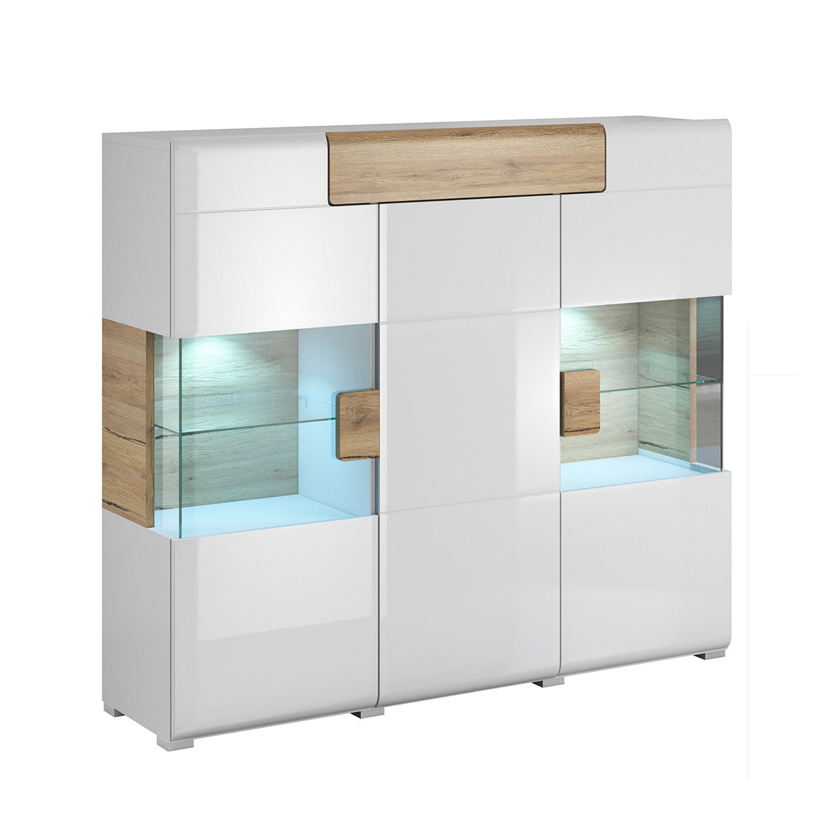 Buffet haut 3 portes 1 tiroir avec LED Jules Blanc et Bois