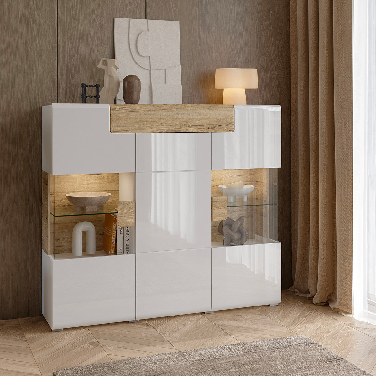 Buffet haut 3 portes 1 tiroir avec LED Jules Blanc et Bois