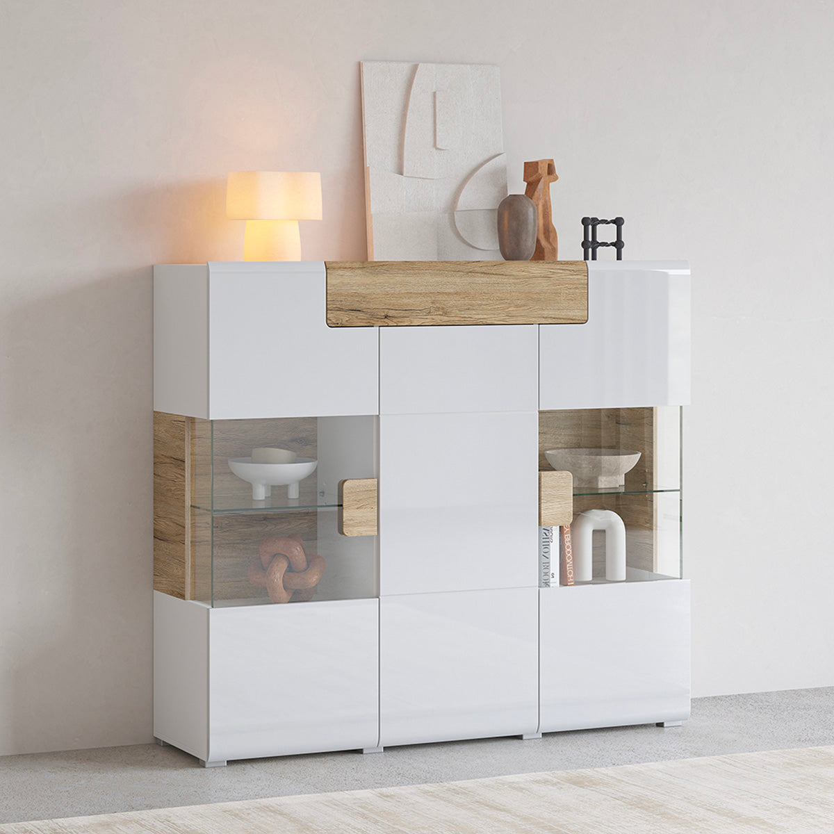 Buffet haut 3 portes 1 tiroir avec LED Jules Blanc et Bois
