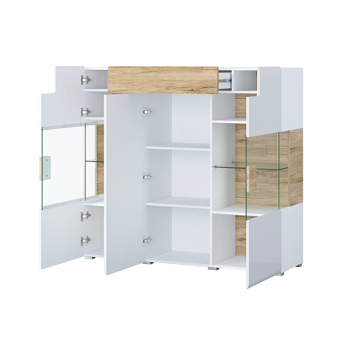 Buffet haut 3 portes 1 tiroir avec LED Jules Blanc et Bois