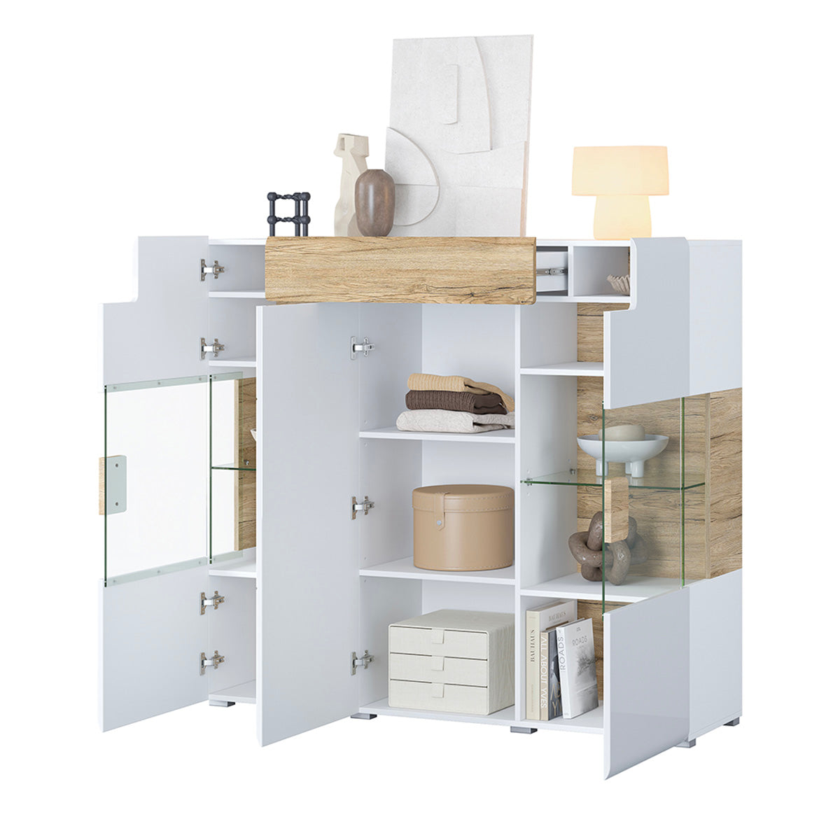 Buffet haut 3 portes 1 tiroir avec LED Jules Blanc et Bois