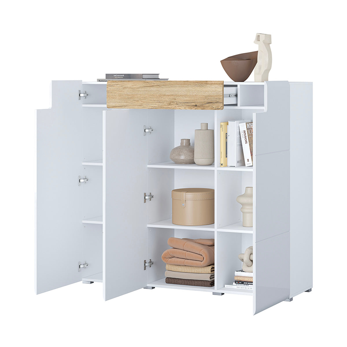 Buffet haut 3 portes 1 tiroir Jules Blanc et Bois