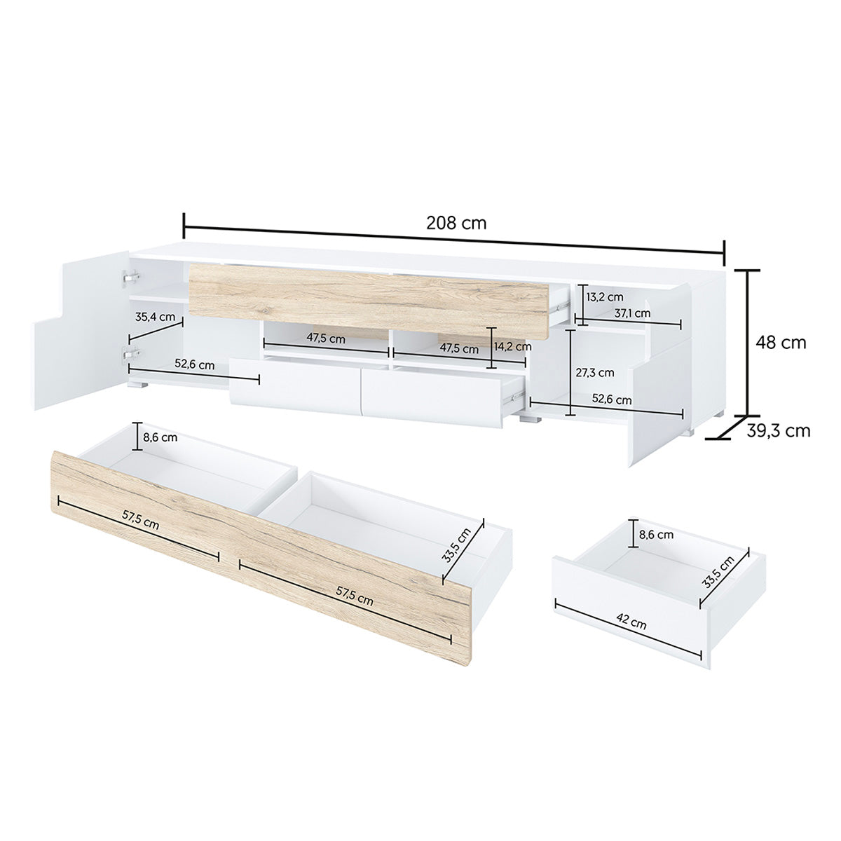 Meuble TV 2 portes 2 tiroirs 208 cm Jules Gris et Bois