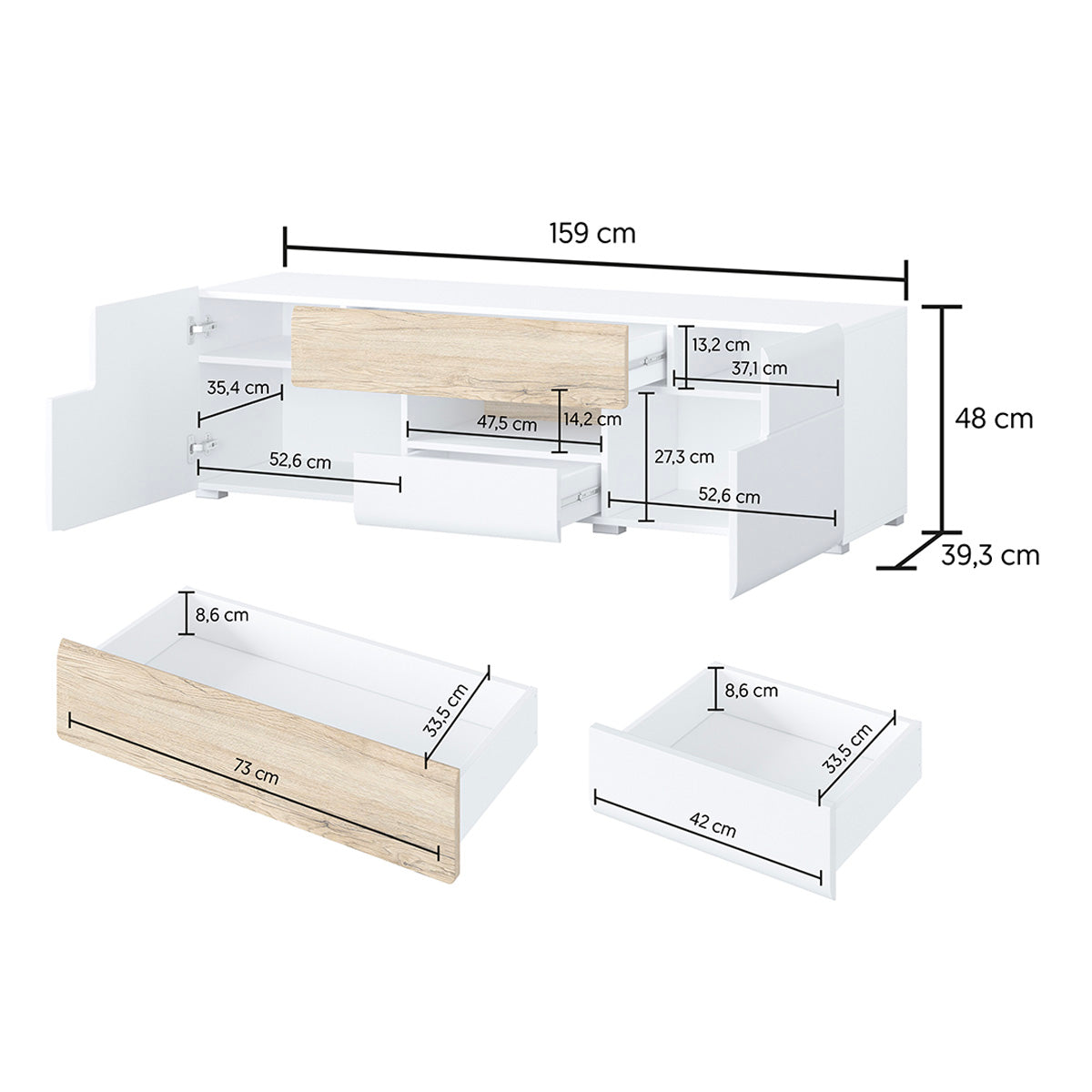 Meuble TV 2 portes 2 tiroirs 159 cm Jules Blanc et Bois