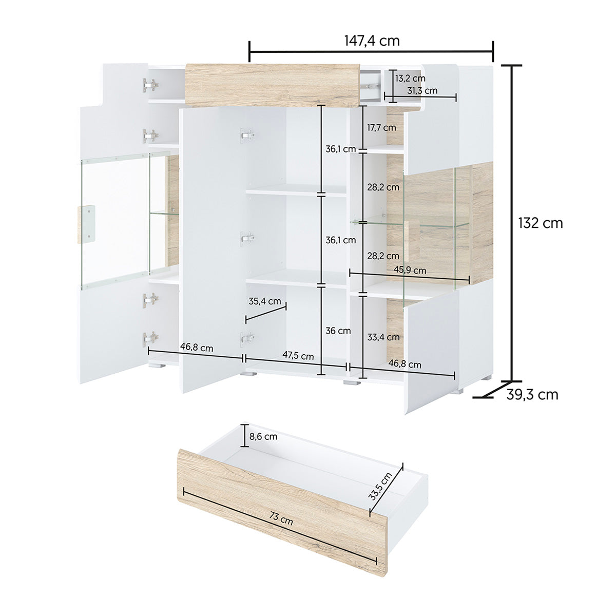 Buffet haut 3 portes 1 tiroir avec LED Jules Blanc et Bois
