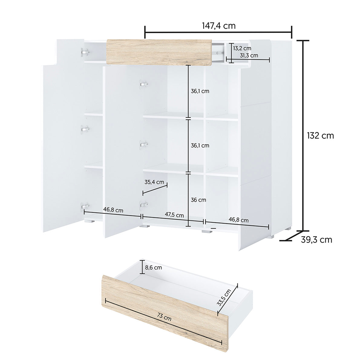 Buffet haut 3 portes 1 tiroir Jules Blanc et Bois