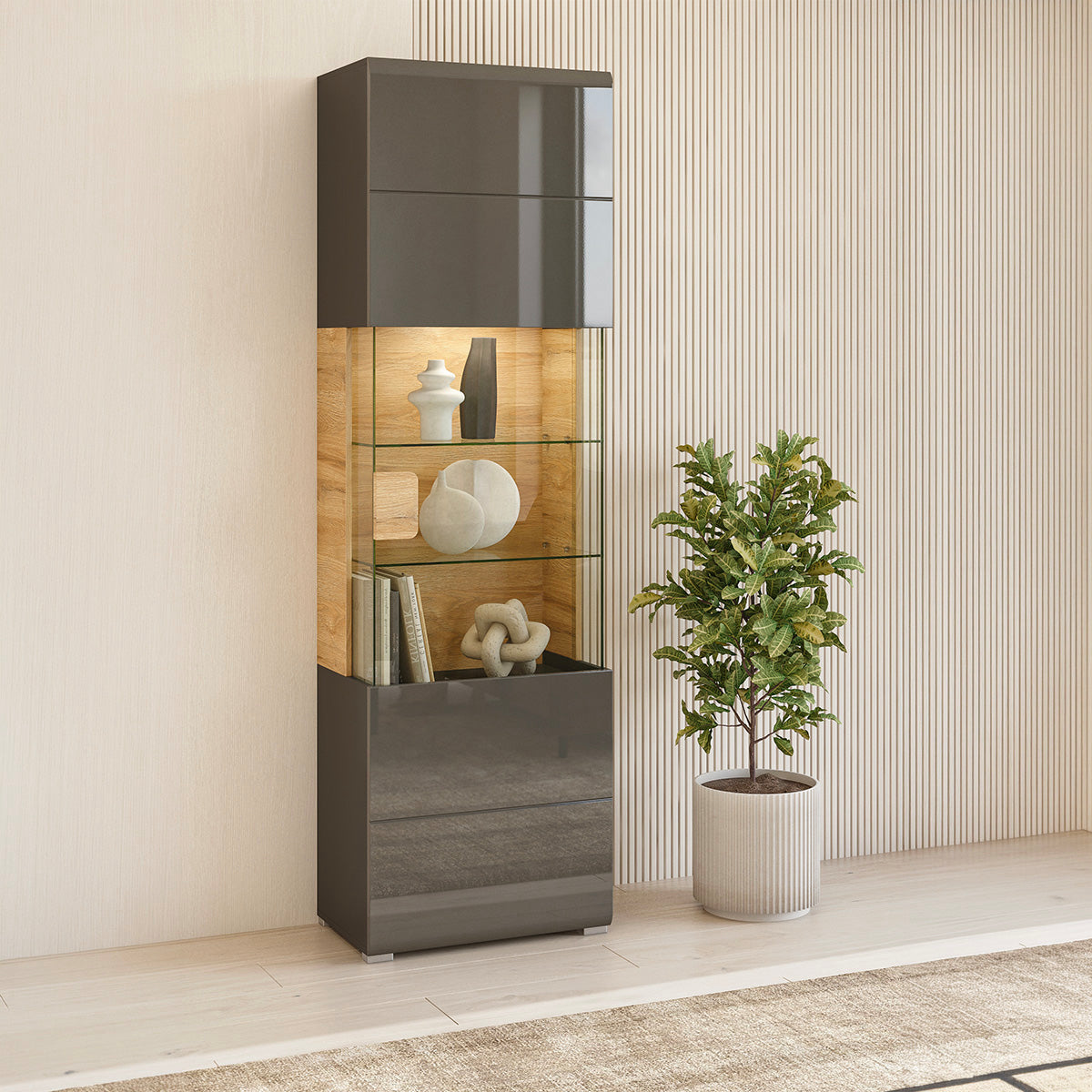 Vitrine 1 porte avec LED Jules Gris et Bois