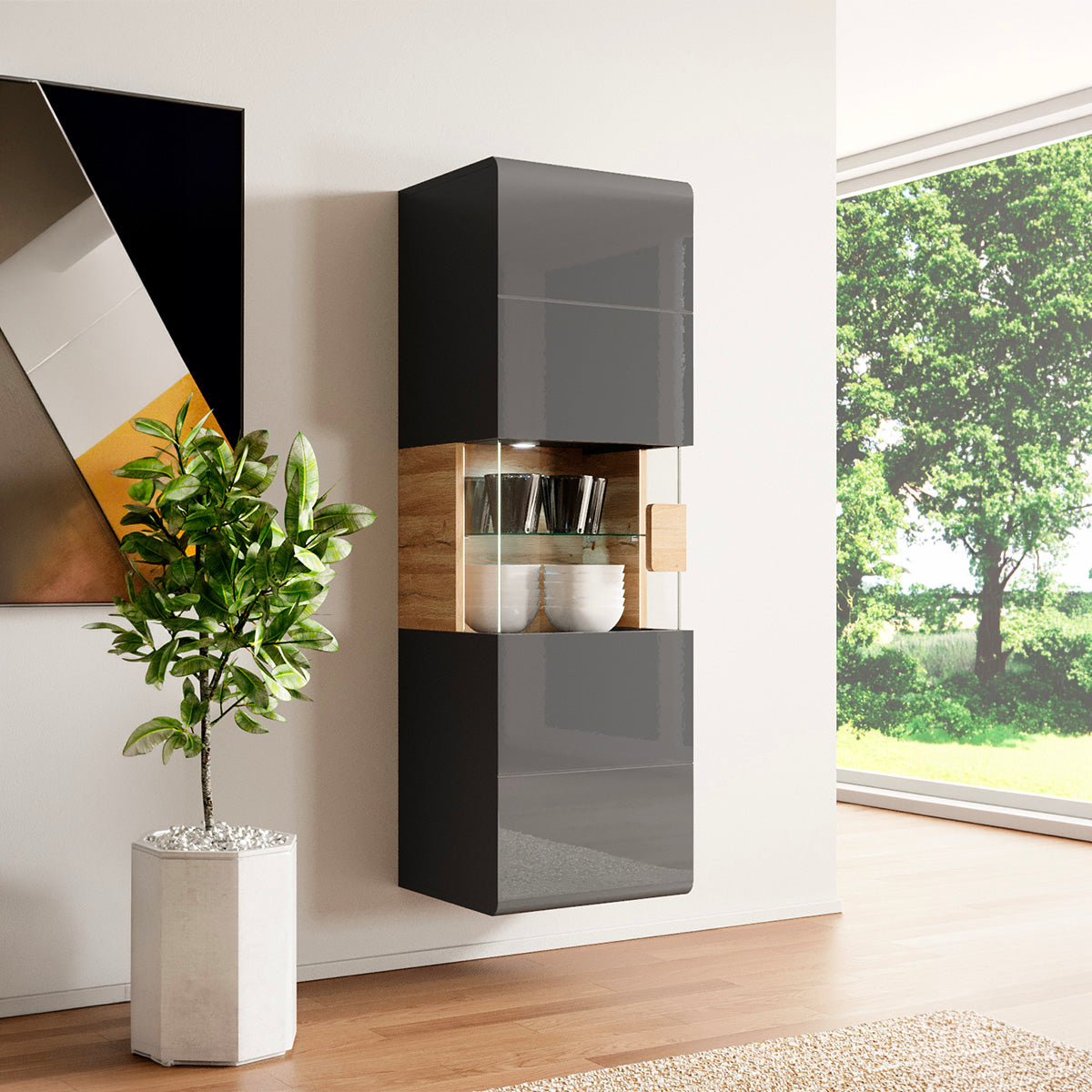 Vitrine murale 1 porte avec LED Jules Gris et Bois