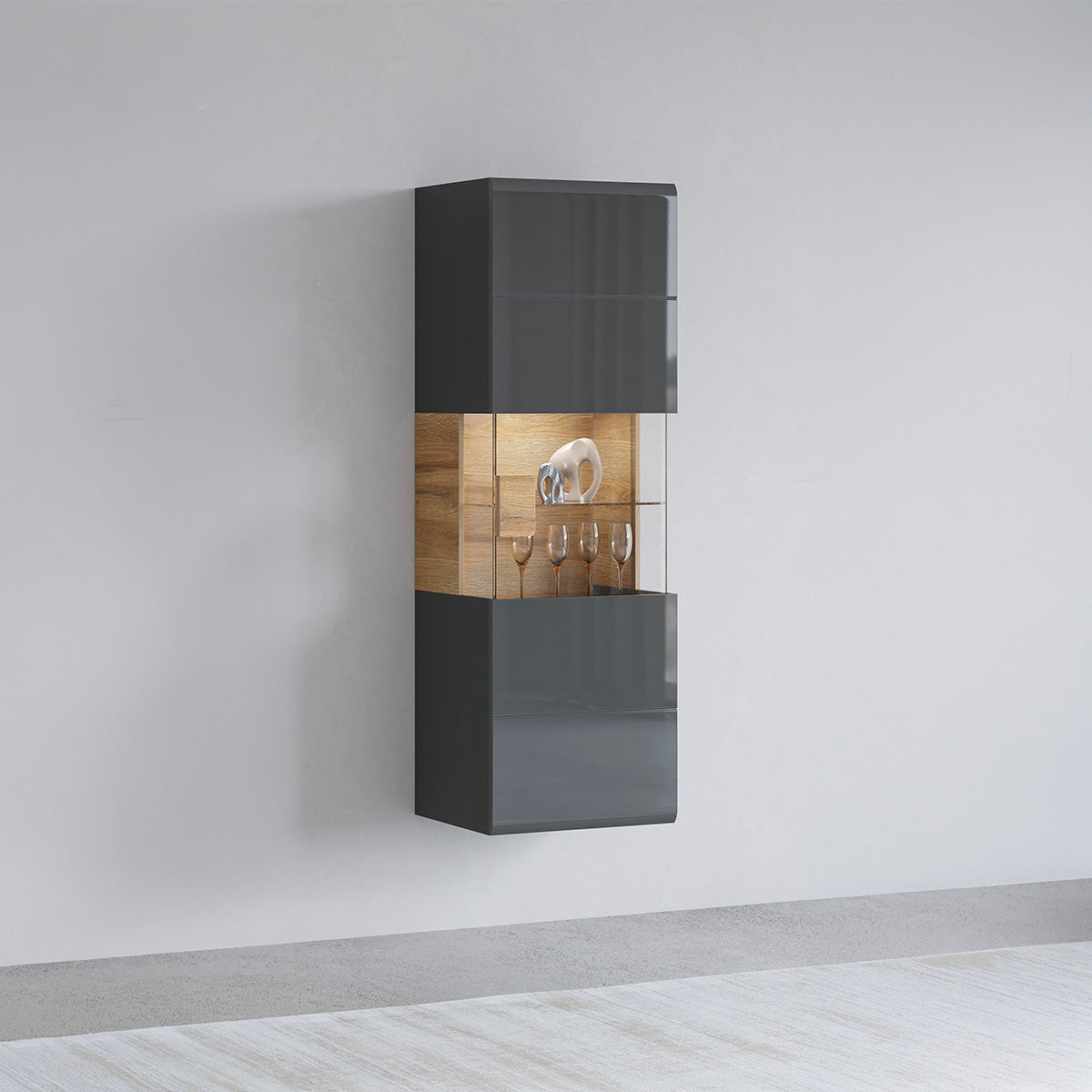 Vitrine murale 1 porte avec LED Jules Gris et Bois