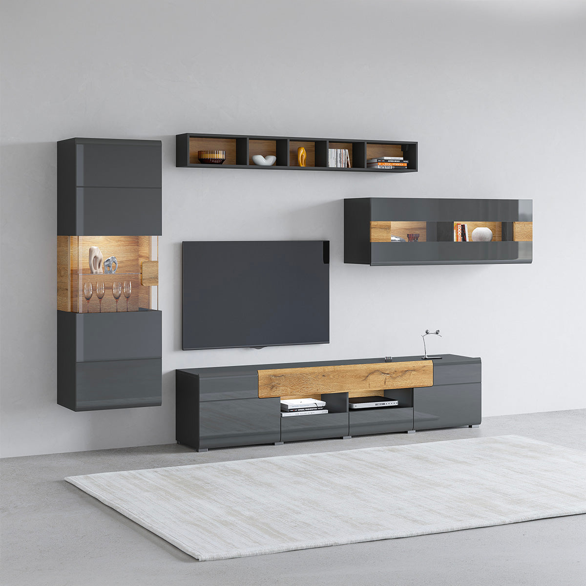 Vitrine murale 1 porte avec LED Jules Gris et Bois