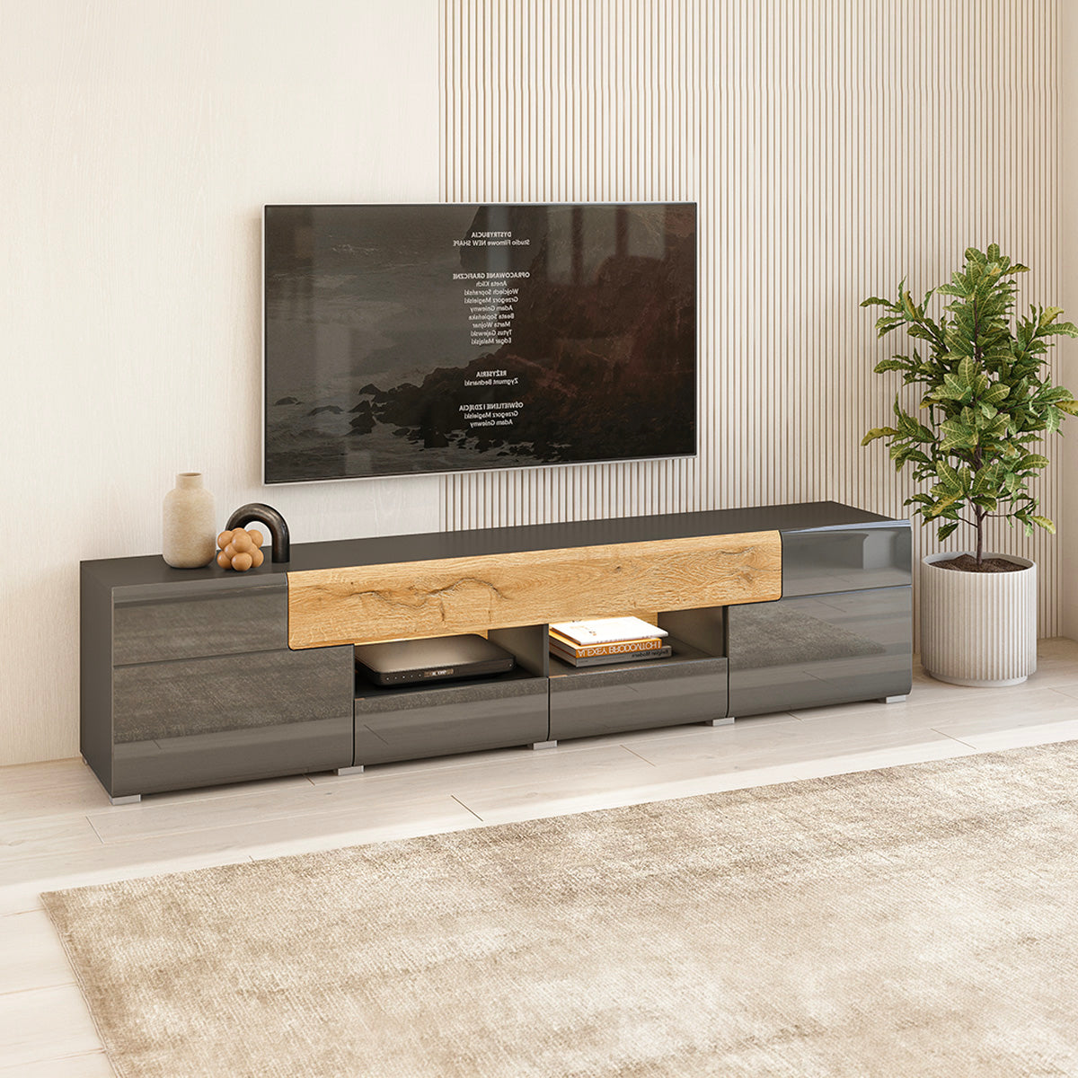 Meuble TV 2 portes 2 tiroirs 208 cm Jules Gris et Bois