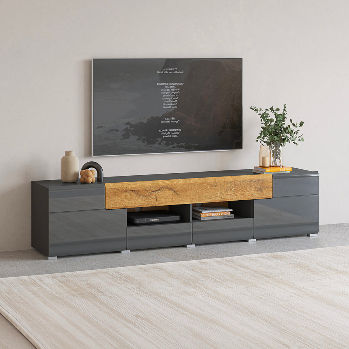 Meuble TV 2 portes 2 tiroirs 208 cm Jules Gris et Bois