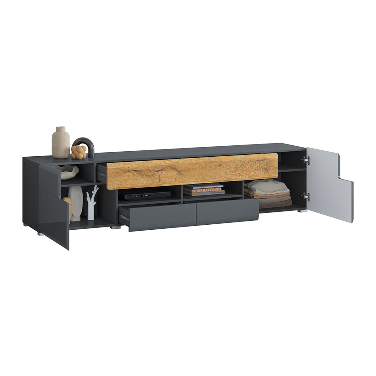 Meuble TV 2 portes 2 tiroirs 208 cm Jules Gris et Bois