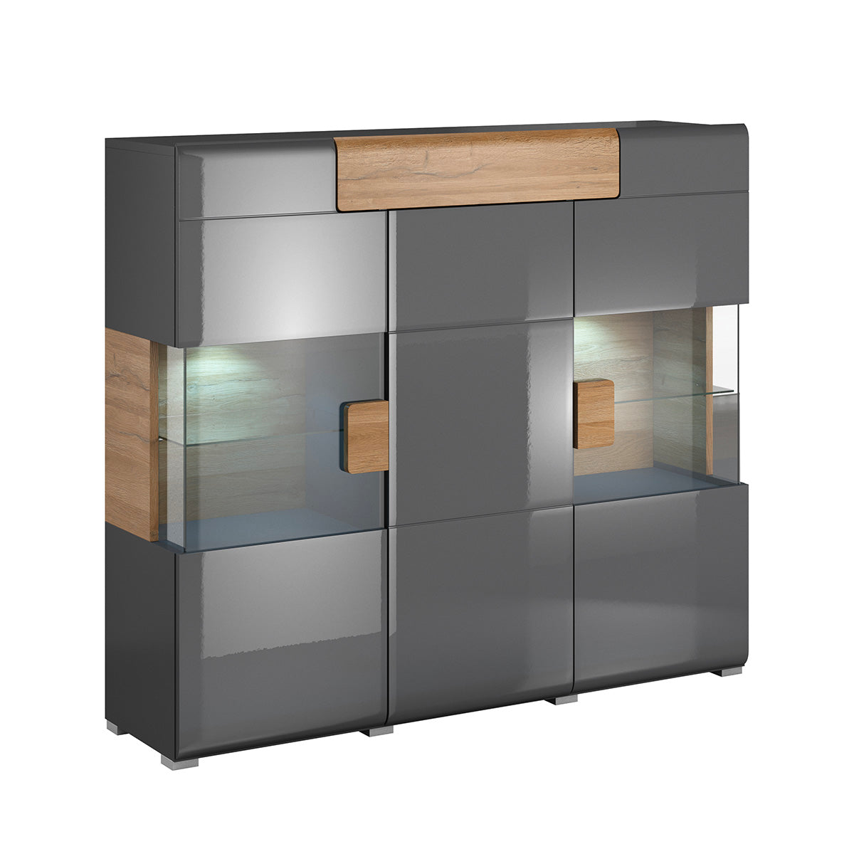 Buffet haut 3 portes 1 tiroir avec LED Jules Gris et Bois