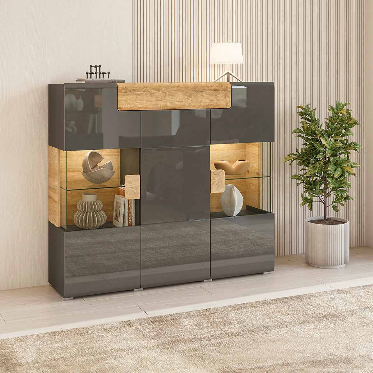Buffet haut 3 portes 1 tiroir avec LED Jules Gris et Bois