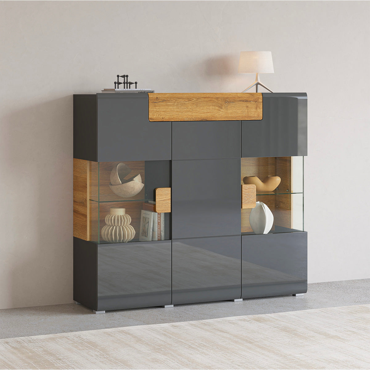 Buffet haut 3 portes 1 tiroir avec LED Jules Gris et Bois