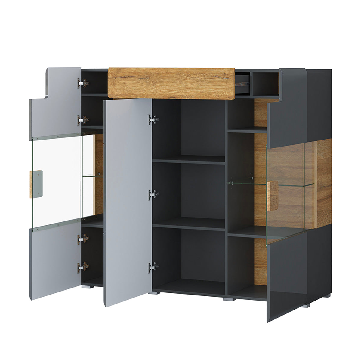 Buffet haut 3 portes 1 tiroir avec LED Jules Gris et Bois