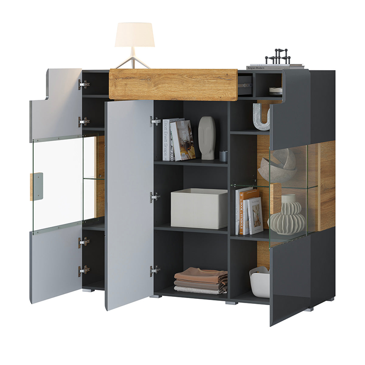 Buffet haut 3 portes 1 tiroir avec LED Jules Gris et Bois