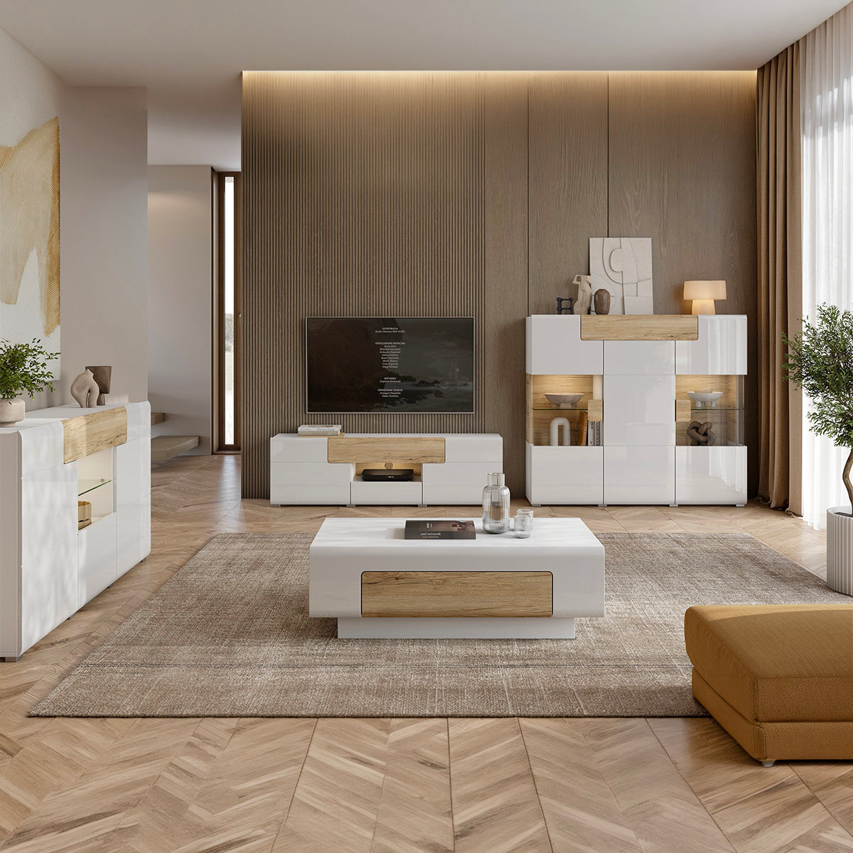 Meuble TV 2 portes 2 tiroirs 159 cm Jules Blanc et Bois