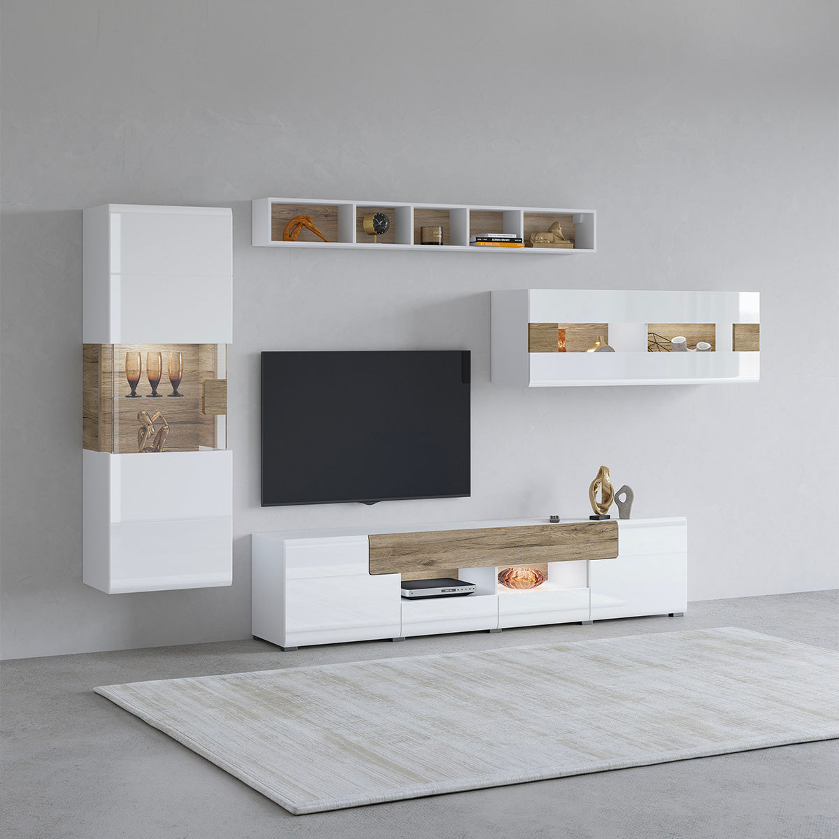 Vitrine murale 1 porte avec LED Jules Blanc et Bois