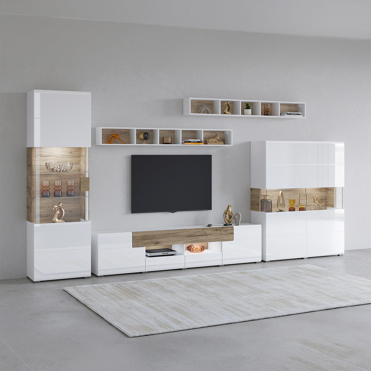 Meuble TV 2 portes 2 tiroirs 208 cm Jules Blanc et Bois