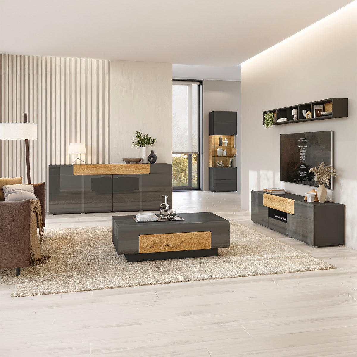 Vitrine 1 porte avec LED Jules Gris et Bois