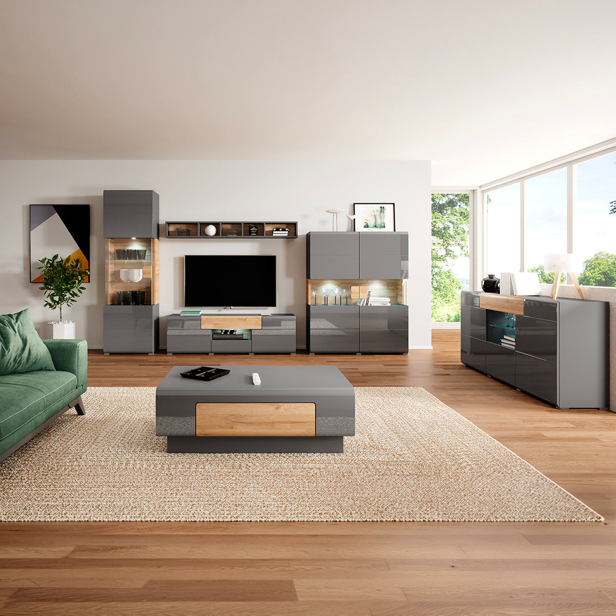 Meuble TV 2 portes 2 tiroirs 208 cm Jules Gris et Bois