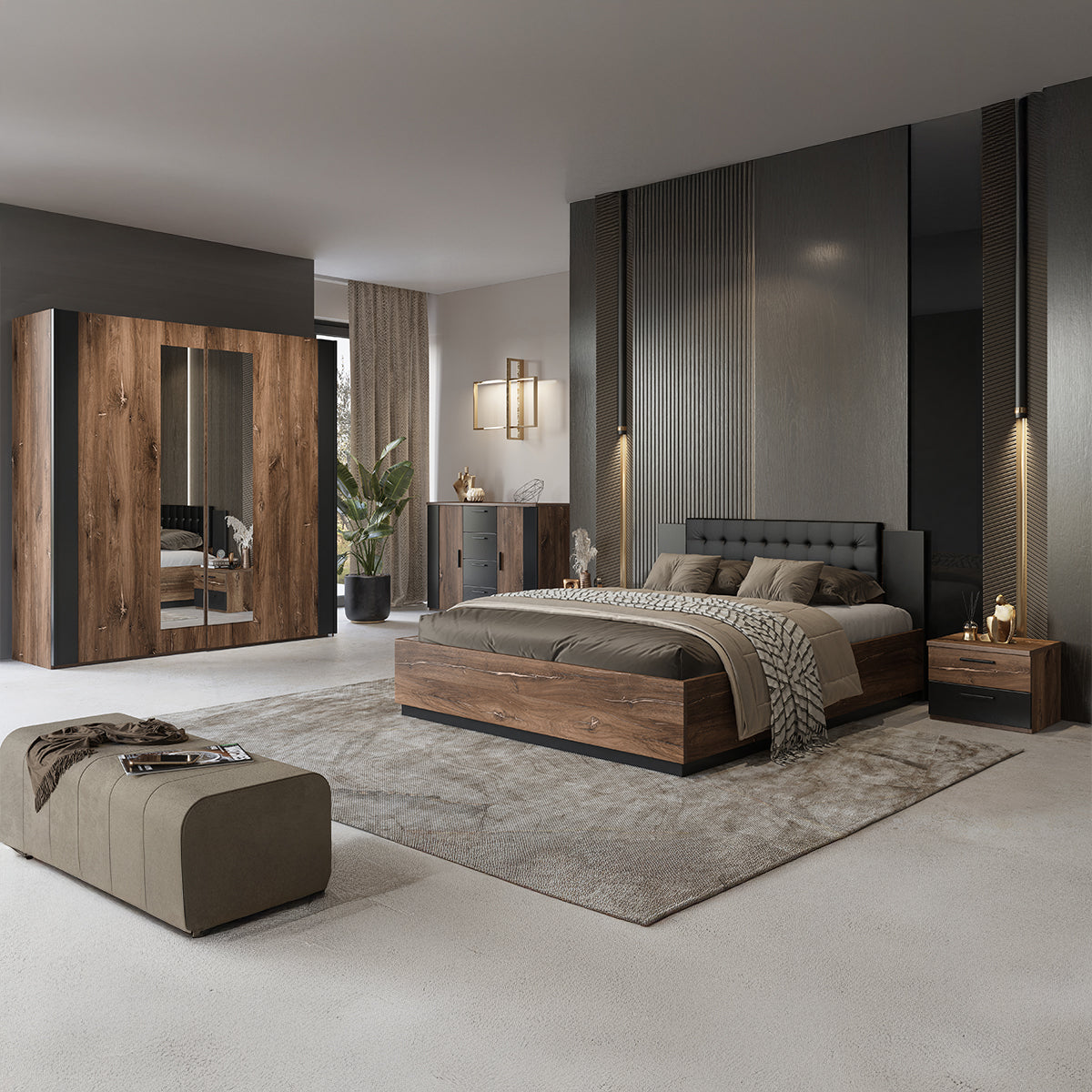 Lit 140x200 sommier inclus Alec Bois foncé et Noir