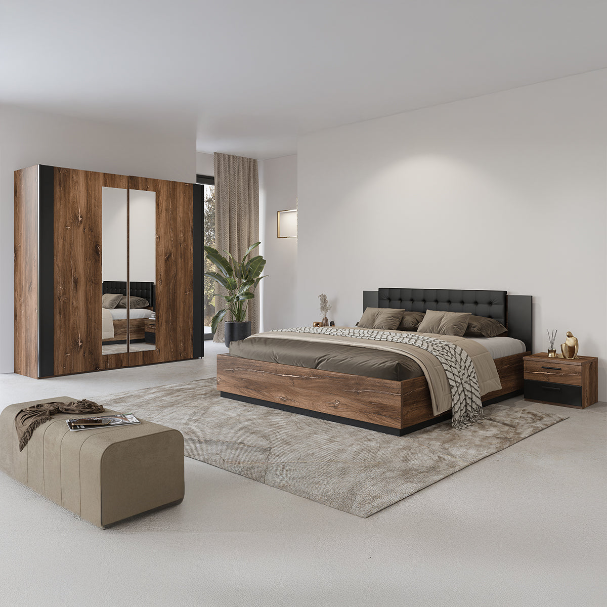 Lit 140x200 sommier inclus Alec Bois foncé et Noir