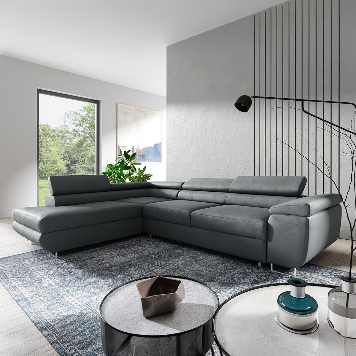 Canapé d'angle convertible gauche 4 places Lyam Gris foncé