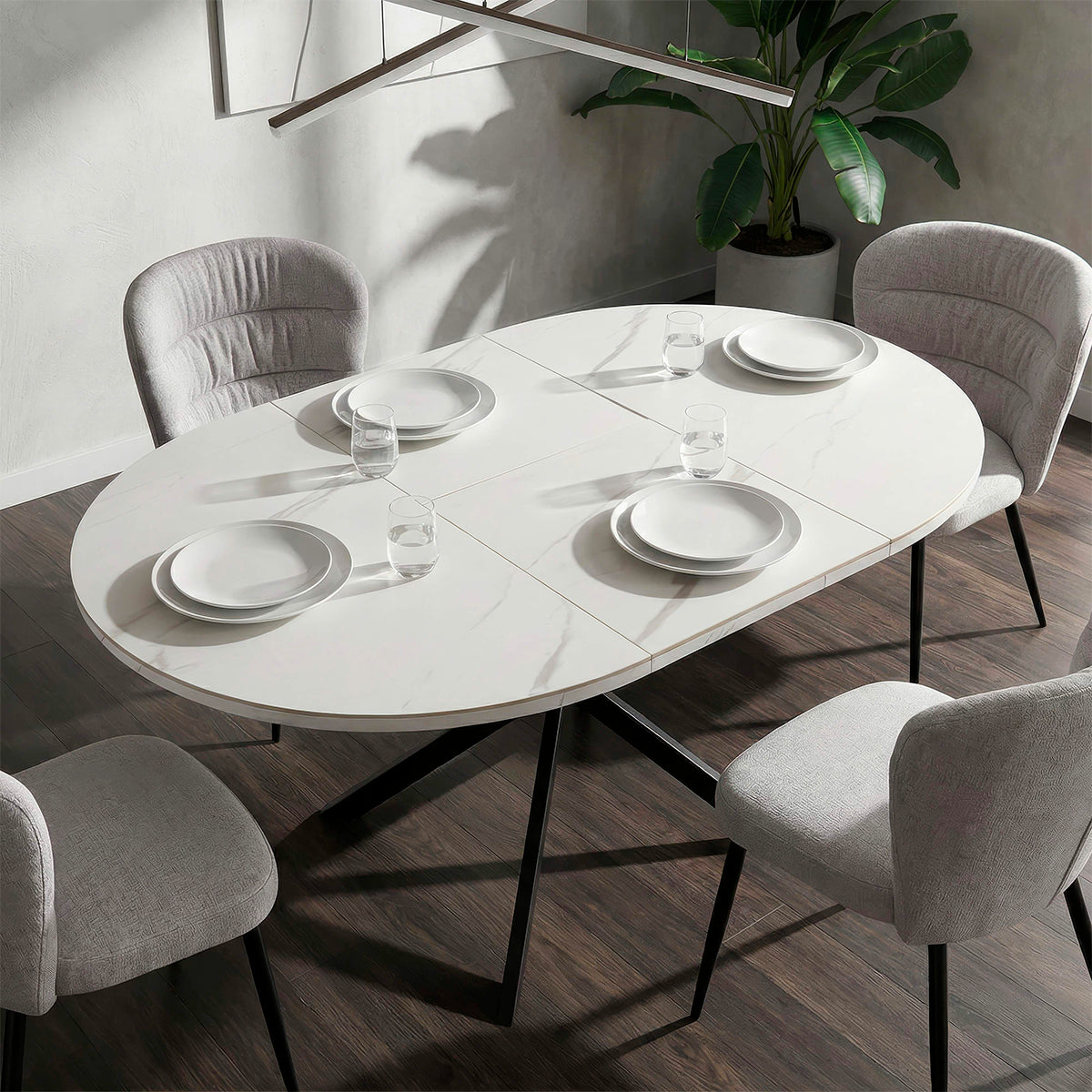 Table à manger ronde extensible 2 à 4 personnes en céramique Mabel Blanc et Noir