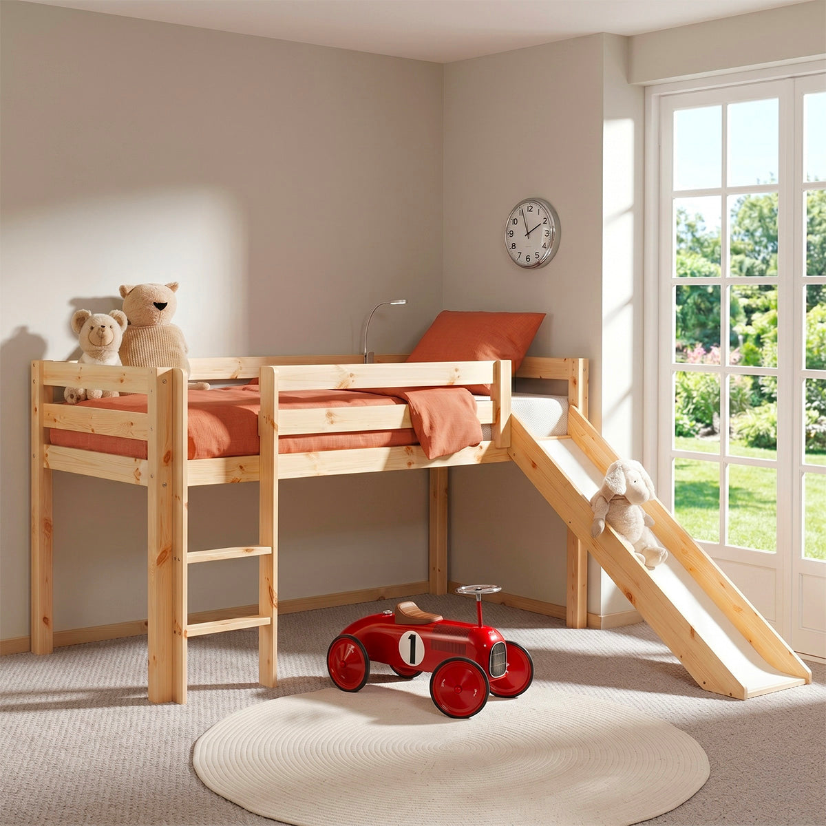 Lit Mi-Hauteur 90x200 avec Toboggan Sommier Inclus Vipack Pino - Bois