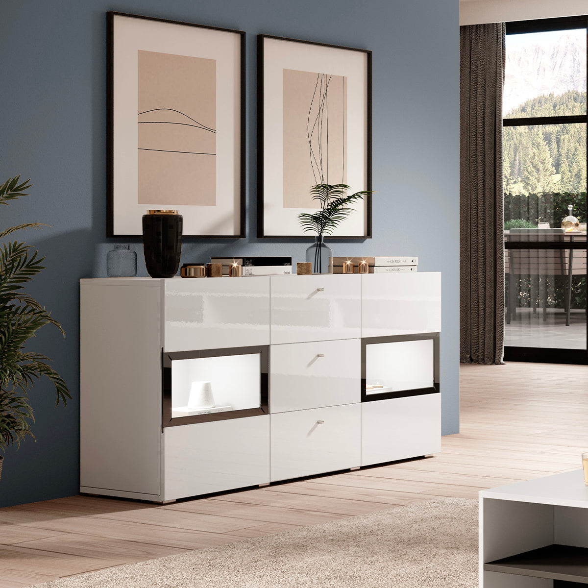Buffet 2 portes 3 tiroirs avec LED Sloan Blanc