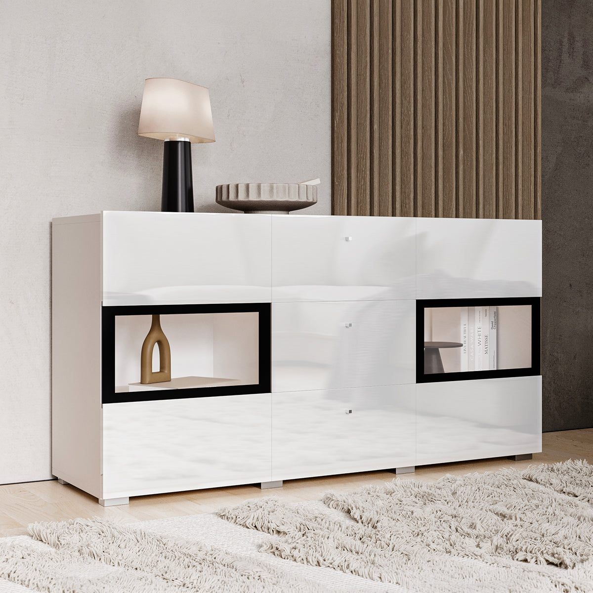 Buffet 2 portes 3 tiroirs avec LED Sloan Blanc