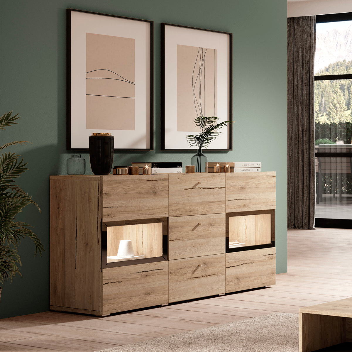 Buffet 2 portes 3 tiroirs avec LED Sloan Bois - vue 2