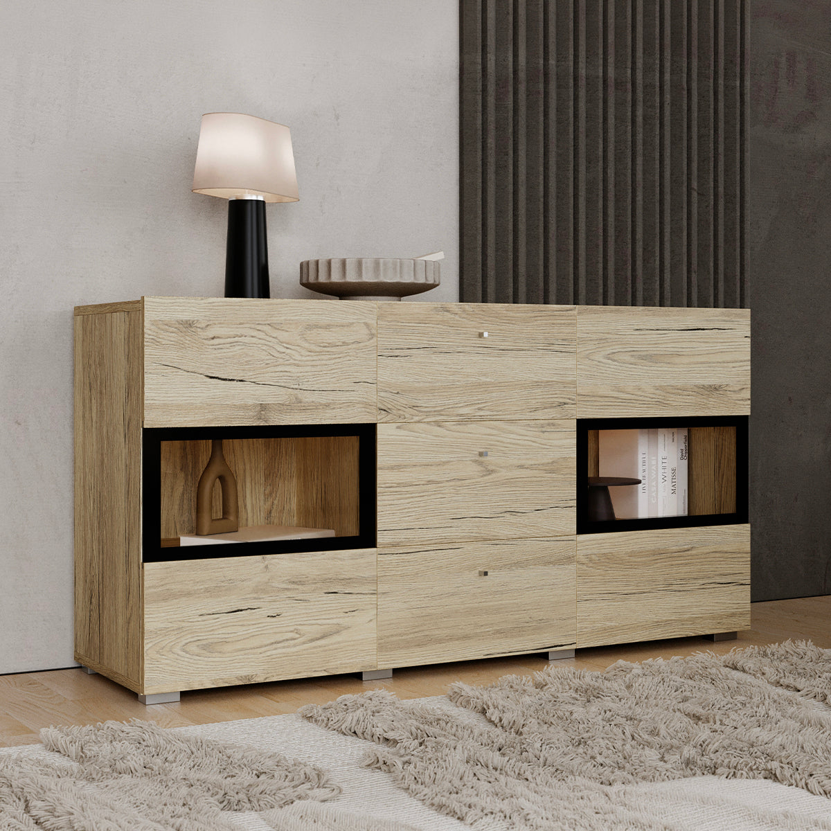 Buffet 2 portes 3 tiroirs avec LED Sloan Bois - vue 3
