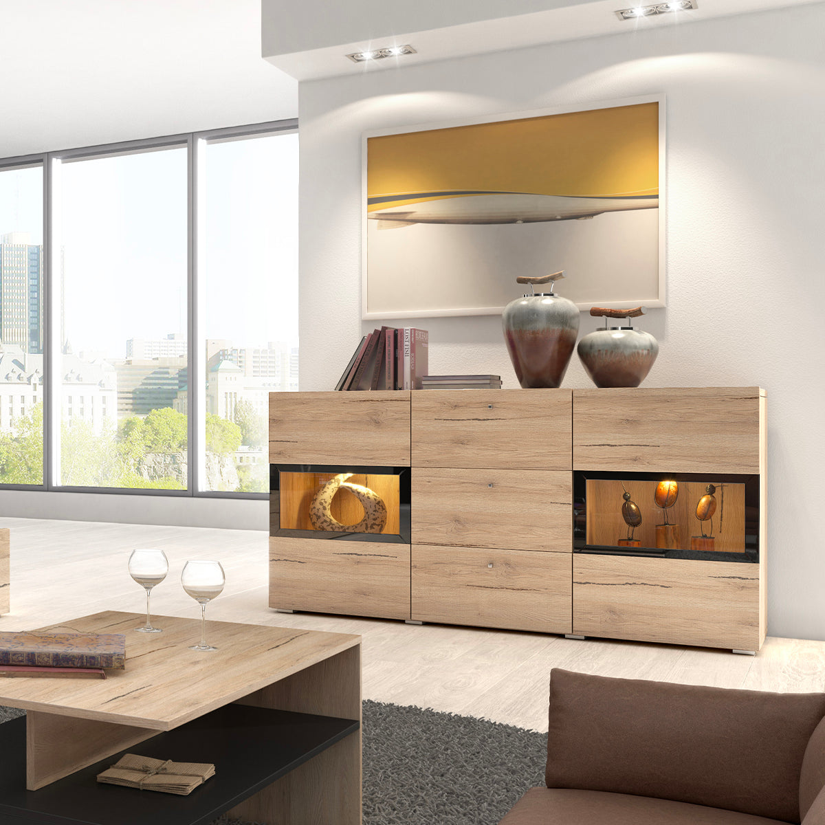 Buffet 2 portes 3 tiroirs avec LED Sloan Bois - vue 4