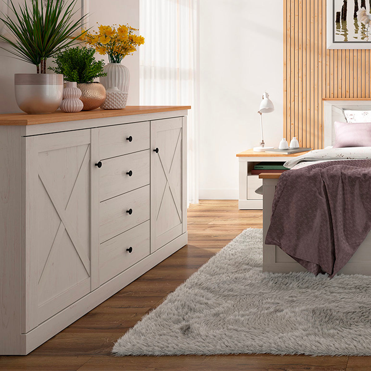 Buffet 2 portes 4 tiroirs Victoria Blanc et Bois