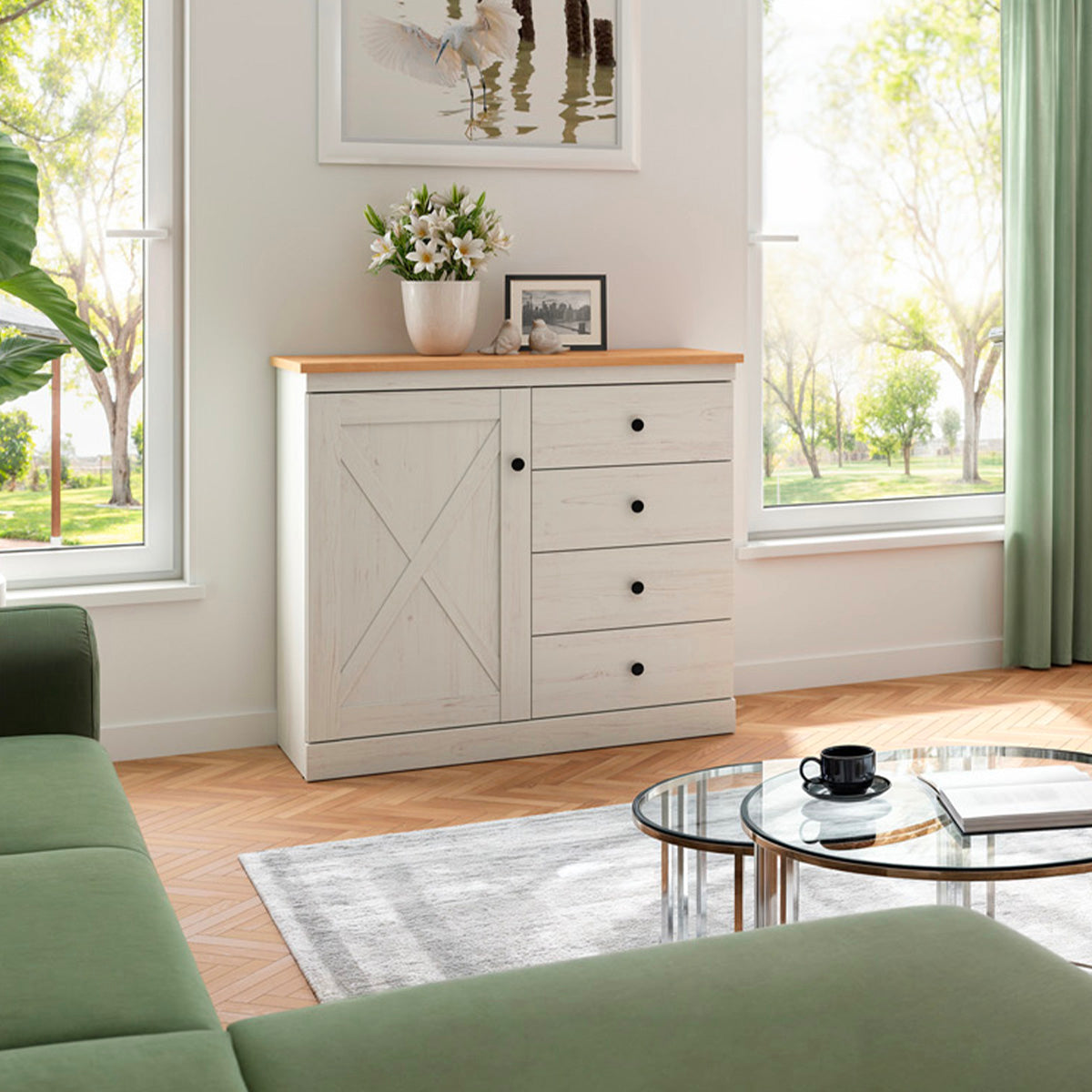 Commode 1 porte 4 tiroirs Victoria Blanc et Bois